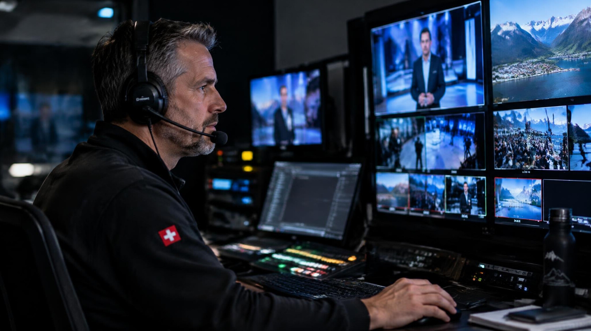 Broadcast engineer monitoring live video feeds on multiple screens