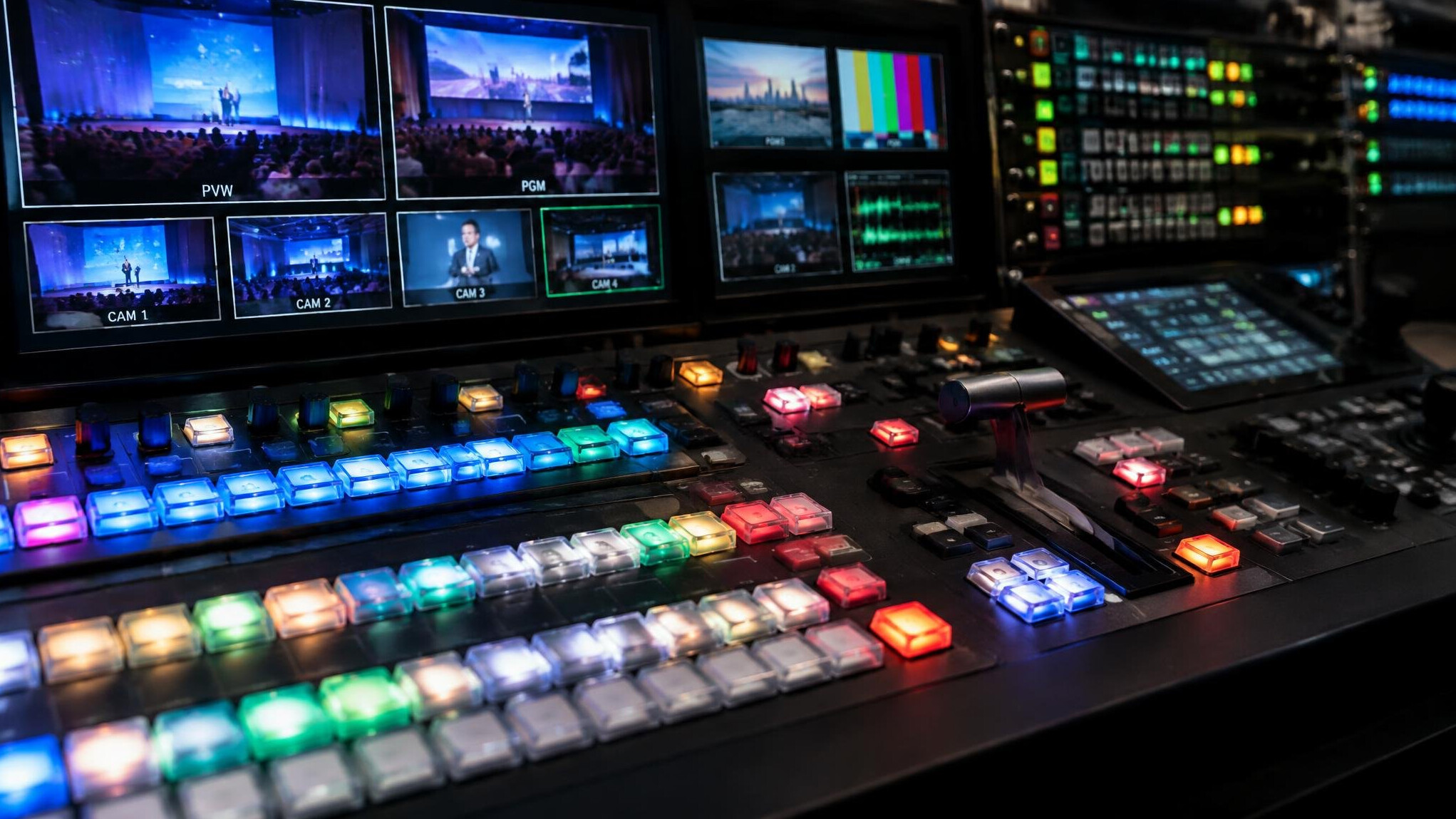 Live signal routing and video switcher console with glowing screens
